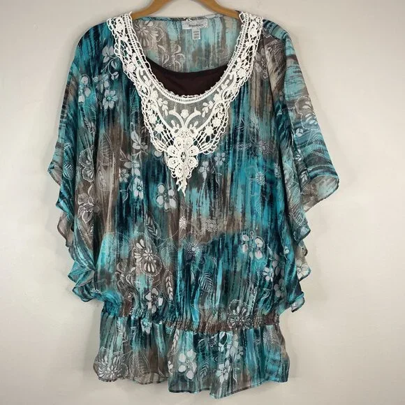 Vintage Boho Lace Trim Top Womens 18 20 Peplum Floral Feminine Flutter Sleeve - Picture 1 of 16